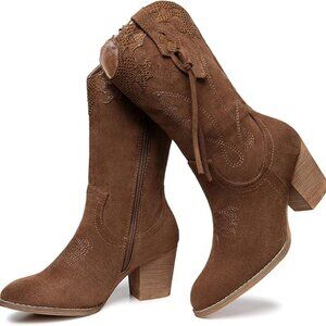 NEW! Women: Western Country High Heel Boots Suede Zipper Mid Calf Booties Brown